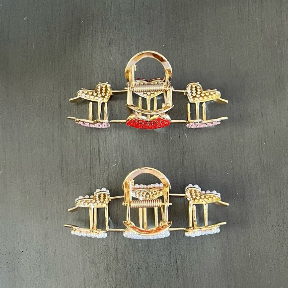 Heart Allover White Pearl Rhinestone Gold Metal 4“ Lobster Claw Hair Clip Bride - Picture 3 of 4